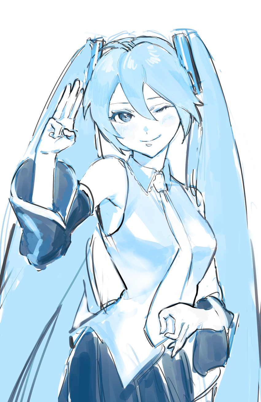 1girl, absurdres, bare_shoulders, blue_hair, blue_theme, blush, closed_mouth, drawing_alpaca