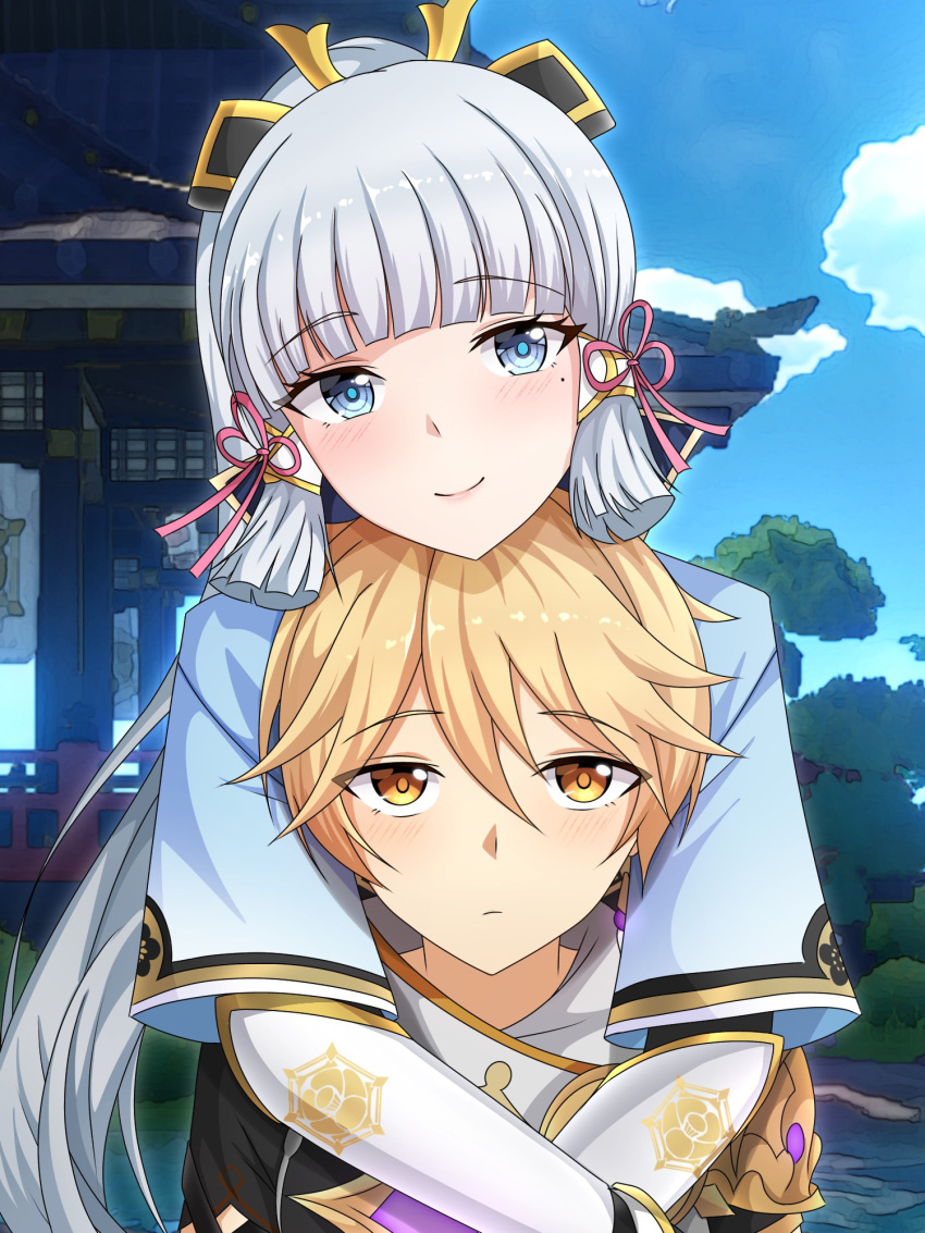 1boy, 1girl, aether_(genshin_impact), architecture, arm_guards, bangs, blonde_hair, blue_capelet