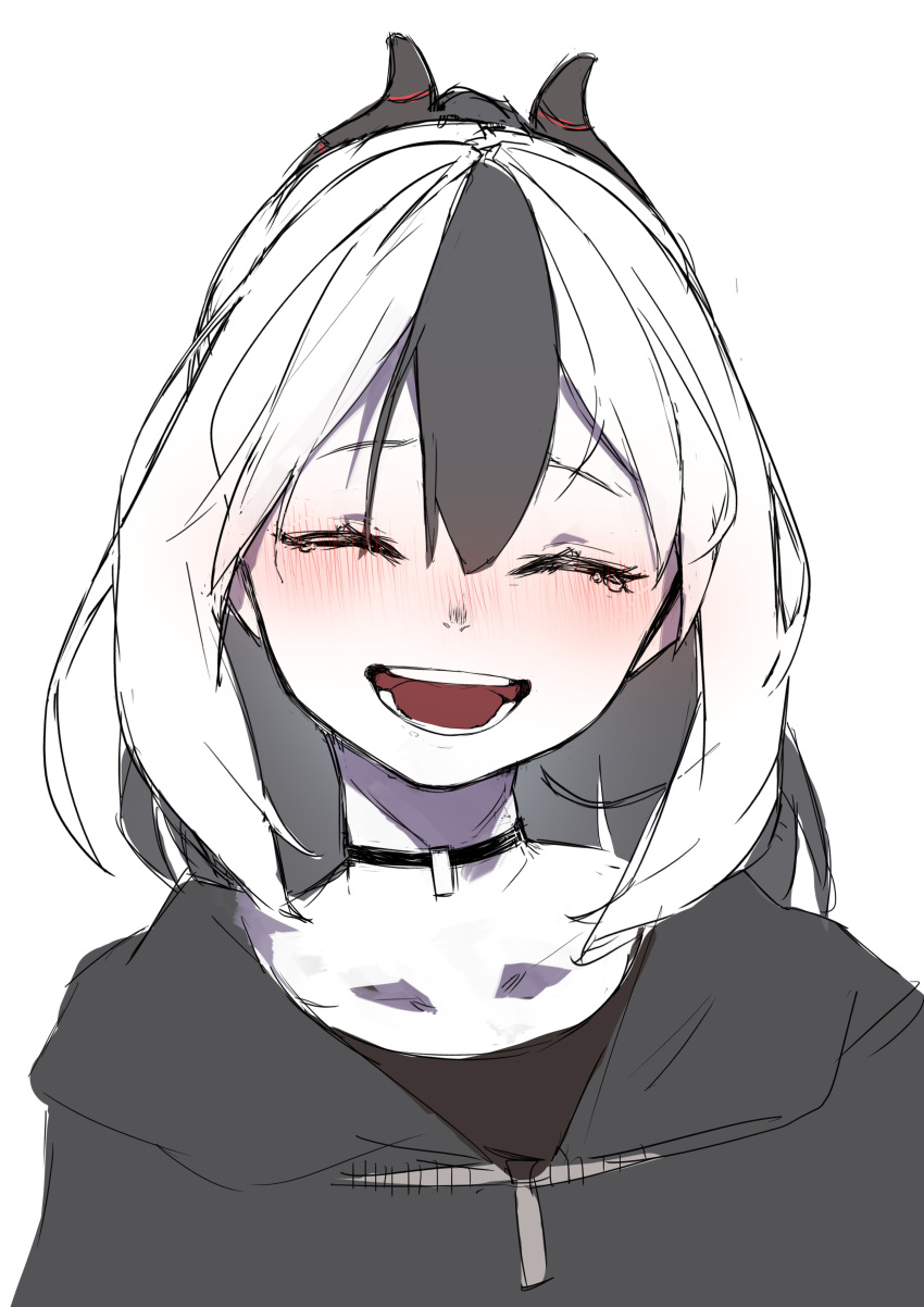 1girl, absurdres, black_hair, blue_archive, choker, closed_eyes, happy, highres, hudp8854, jacket, kayoko_(blue_archive), looking_at_viewer, multicolored_hair, open_mouth, ponytail, simple_background, smile, two-tone_hair, vest, white_hair, zipper