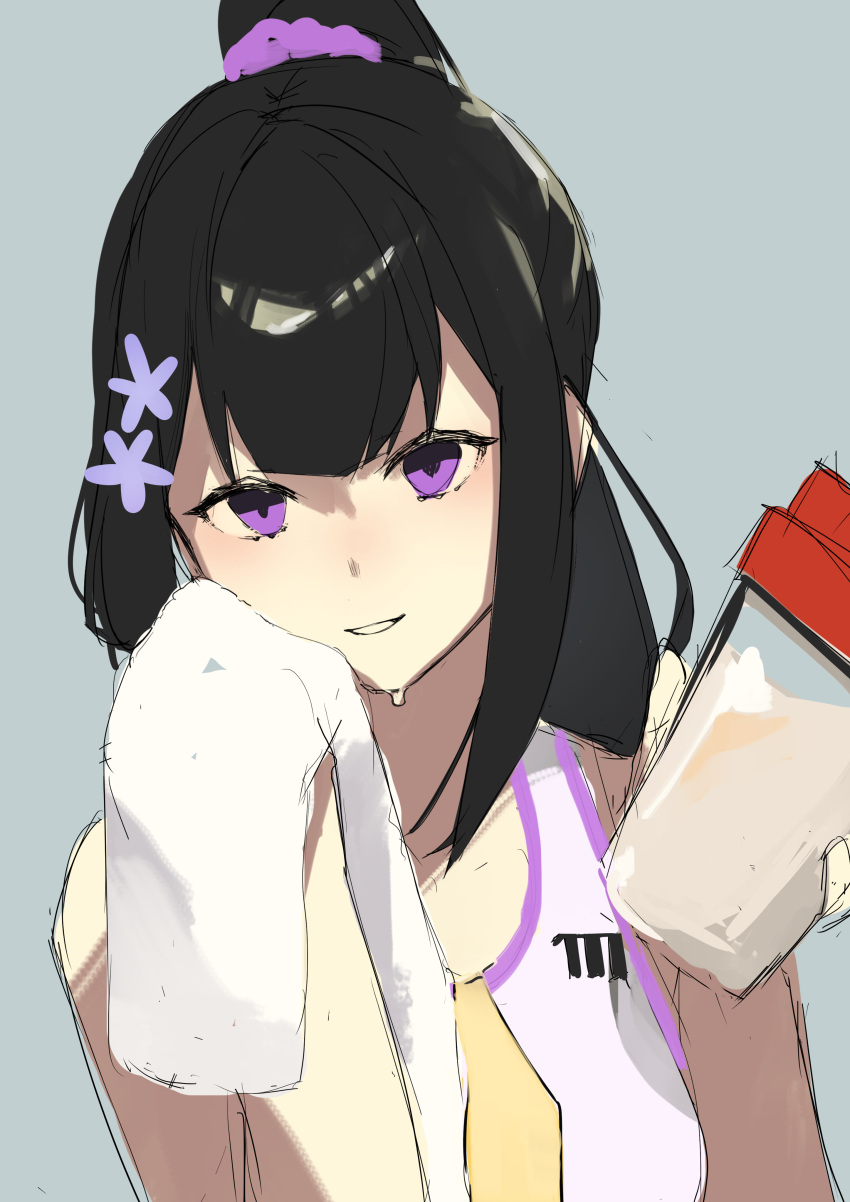 1girl, absurdres, black_hair, blue_archive, bottle, choker, closed_mouth, crop_top