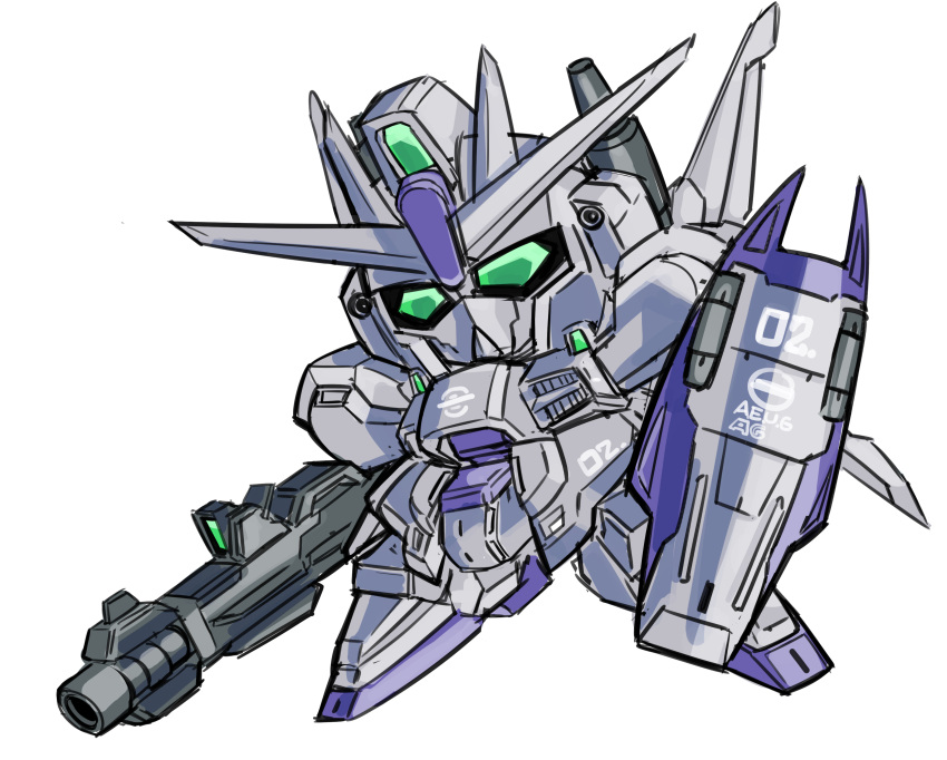 absurdres, chibi, commission, english_commentary, green_eyes, gun, gundam, gundam_mk_iii