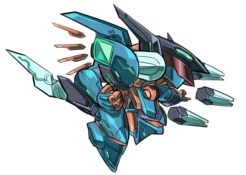 absurdres, arm_blade, chibi, clenched_hand, commission, english_commentary, funnels_(gundam), green_eyes, highres, jehuty, looking_ahead, mecha, mechanical_wings, open_hand, orbital_frame_(zone_of_the_enders), pillar_buster, robot, science_fiction, solo, weapon, wings, zone_of_the_enders