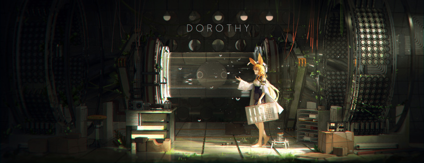 1girl, absurdres, animal_ears, arknights, bare_shoulders, barefoot, beret, black_skirt