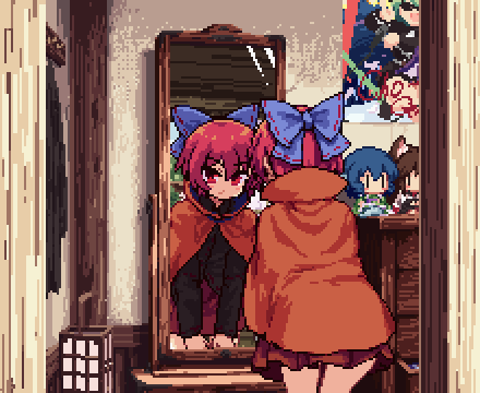 3girls, animated, animated_gif, black_shirt, blue_bow, blue_eyes, blue_hair, blue_sky, bow, cape, character_doll, choujuu_gigaku, closed_mouth, clouds, commentary_request, crossed_arms, day, female_pov, hair_bow, head_fins, holding, holding_clothes, imaizumi_kagerou, indoors, isu_(is88), kasodani_kyouko, looking_at_mirror, lowres, miniskirt, mirror, multiple_girls, pixel_art, pov, red_cape, red_eyes, red_skirt, redhead, reflection, sekibanki, sekibanki_day, shirt, short_hair, skirt, sky, smile, standing, sun, thighs, touhou, undressing, wakasagihime