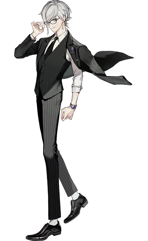 1boy, amamiya_kei, earrings, formal, full_body, glasses, grey_hair, jewelry, koshika_rina, loafers, long_sleeves, looking_at_viewer, male_focus, nekonote_(vtuber), official_art, second-party_source, shoes, short_hair, solo, tuxedo, violet_eyes