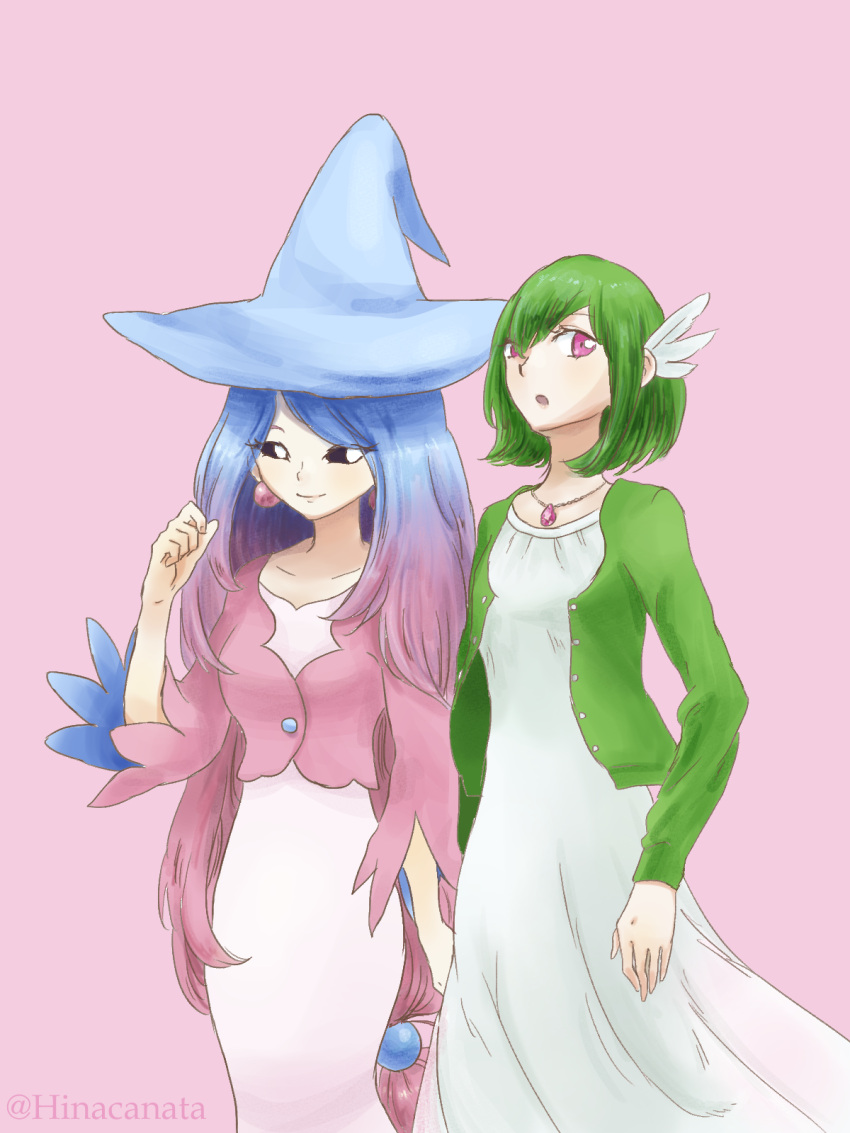 2girls, arms_at_sides, artist_name, bangs, black_sclera, blue_hair, blue_headwear, blush, bob_cut, breasts, buttons, cardigan, closed_mouth, collarbone, colored_sclera, commentary_request, cropped_jacket, dress, earrings, feather-trimmed_sleeves, feather_hair_ornament, feathers, flat_chest, gardevoir, gem, gradient_hair, green_cardigan, green_hair, hair_ornament, hand_up, happy, hat, hatterene, highres, hinata_kanata, humanization, jacket, jewelry, light_blush, long_hair, long_sleeves, looking_at_another, looking_at_viewer, looking_to_the_side, multicolored_hair, multiple_girls, necklace, open_cardigan, open_clothes, open_mouth, partial_commentary, pink_background, pink_hair, pink_jacket, pokemon, red_eyes, red_gemstone, short_hair, sidelocks, simple_background, small_breasts, smile, standing, swept_bangs, twitter_username, two-tone_hair, very_long_hair, watermark, white_dress, white_eyes, witch_hat