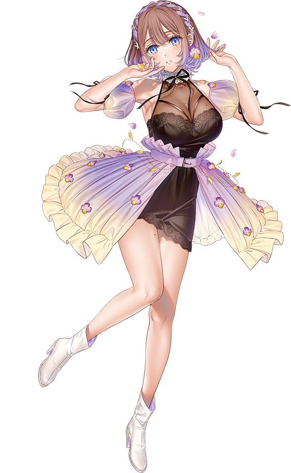 1girl, blue_eyes, blush, breasts, brown_hair, colored_tips, earrings, flower, full_body, jewelry, kippu, large_breasts, mole, mole_on_breast, multicolored_hair, nekonote_(vtuber), official_art, purple_hair, second-party_source, short_hair, smile, virtual_youtuber, yukarino_mone