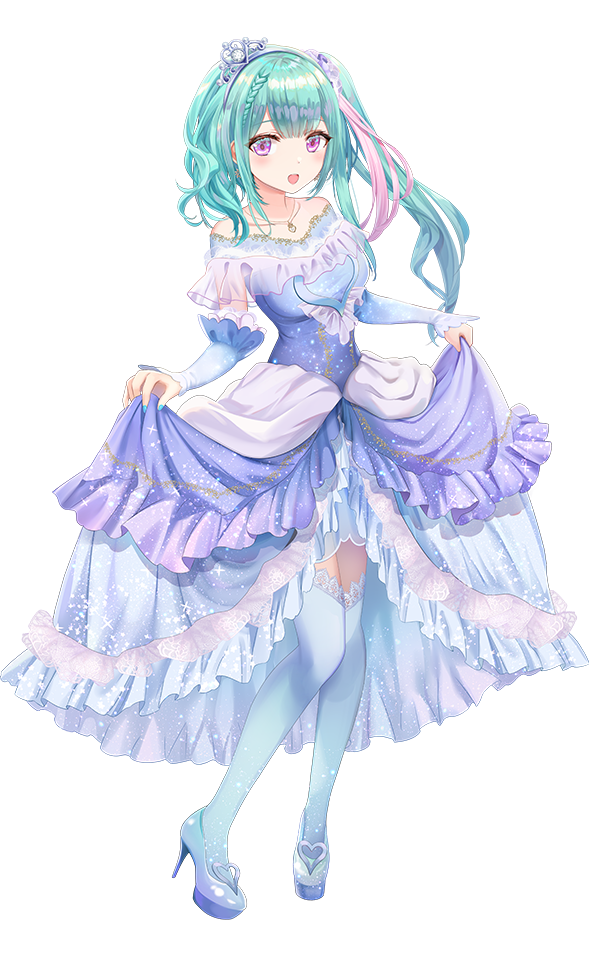 1girl, aqua_hair, blue_dress, blush, dress, full_body, high_heels, lace, long_hair, mizuki_elsha, multicolored_hair, nekonote_(vtuber), off-shoulder_dress, off_shoulder, official_art, open_mouth, pink_hair, second-party_source, short_braid, side_ponytail, thigh-highs, tiara, torino_aqua, violet_eyes, virtual_youtuber