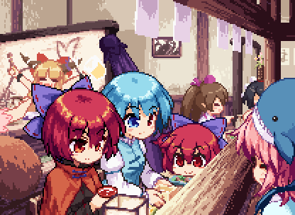 6+girls, adjusting_eyewear, alcohol, animal_ears, animated, animated_gif, bar, beer