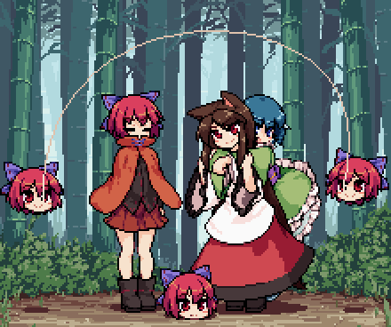 4girls, anger_vein, animal_ears, animated, animated_gif, bamboo, bamboo_forest, blue_eyes