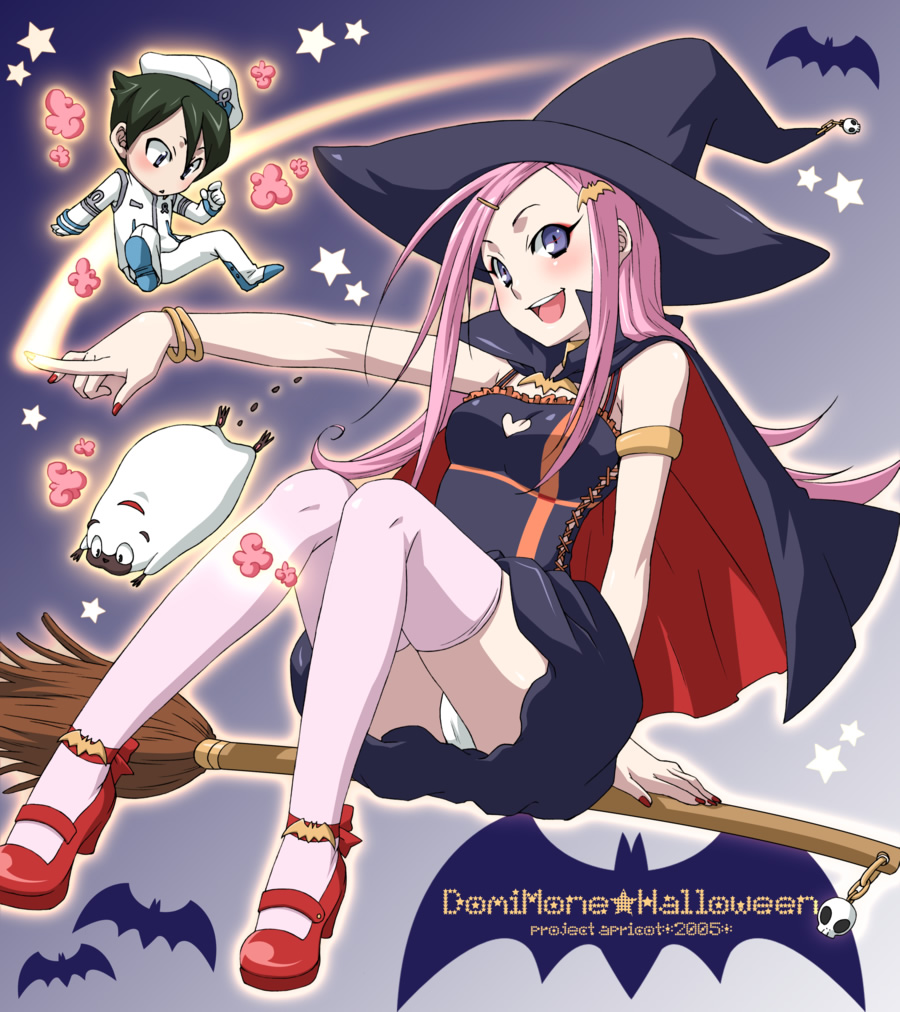 armlet, black_dress, blue_eyes, bracelet, broom, broom_riding, cape, dominic_sorel