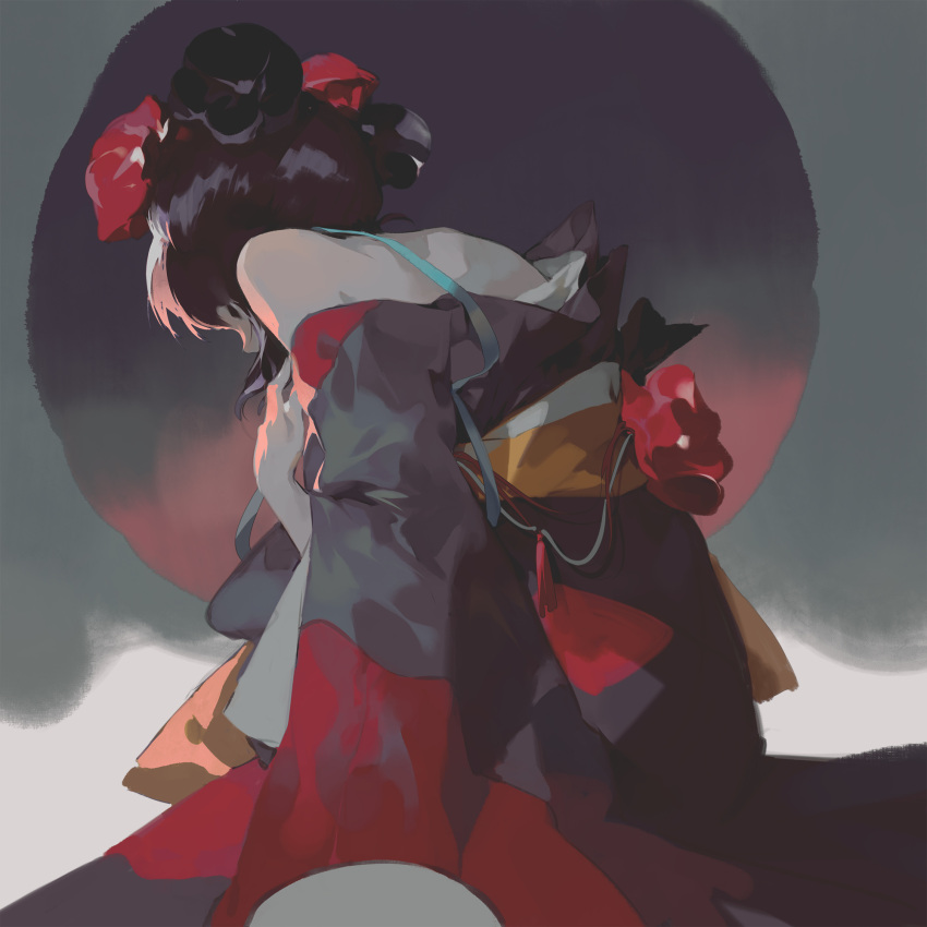1girl, back, bangs, bare_shoulders, black_flower, black_kimono, commentary_request, fate/grand_order