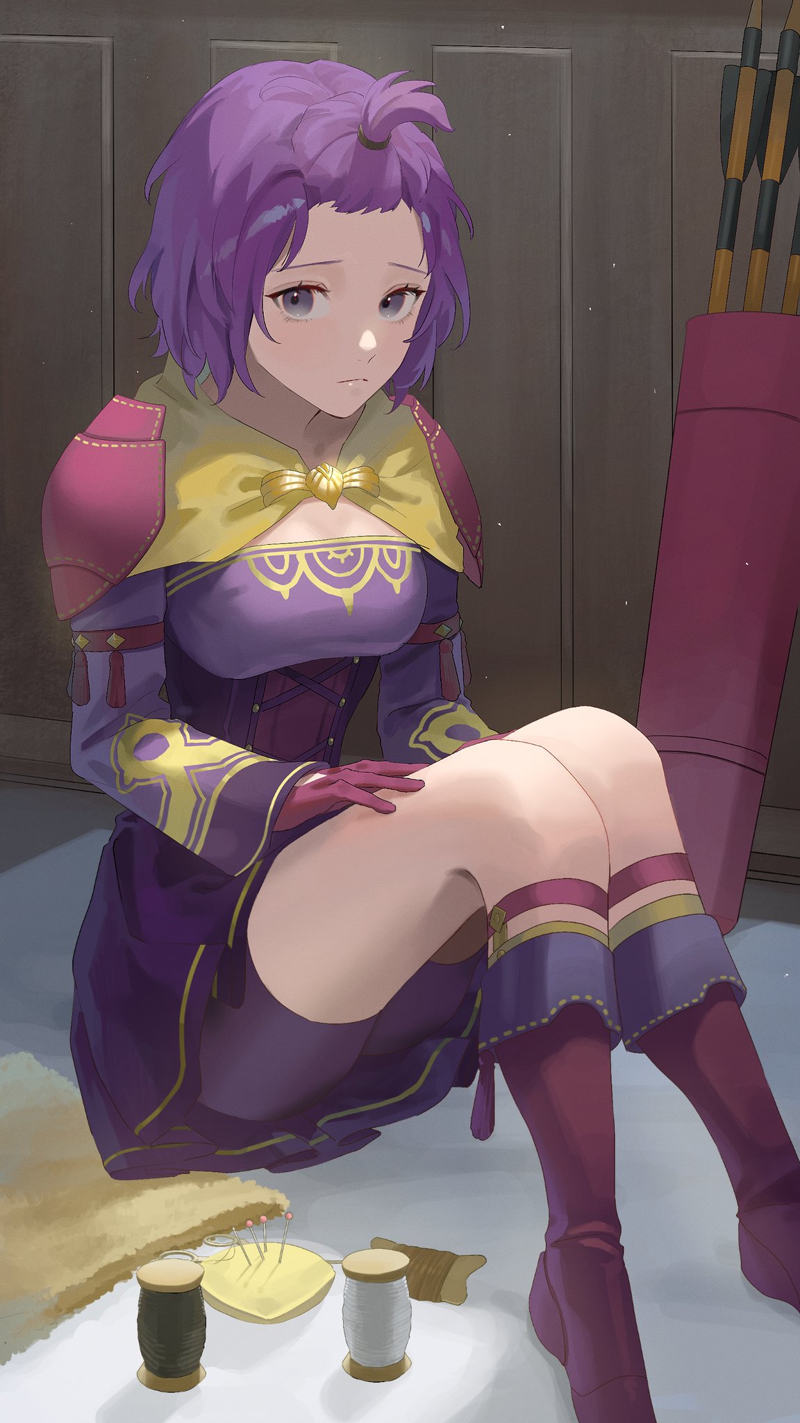 1girl, alternate_costume, alternate_hairstyle, armor, arrow_(projectile), bernadetta_von_varley, boots, breasts, closed_mouth, commentary, dress, e5nf8v, fire_emblem, fire_emblem:_three_houses, fire_emblem_warriors:_three_hopes, gloves, grey_eyes, highres, indoors, long_sleeves, looking_at_viewer, medium_breasts, official_alternate_costume, official_alternate_hairstyle, on_floor, purple_dress, purple_footwear, purple_gloves, purple_hair, purple_shorts, quiver, short_hair, shorts, shoulder_armor, sitting, solo, topknot