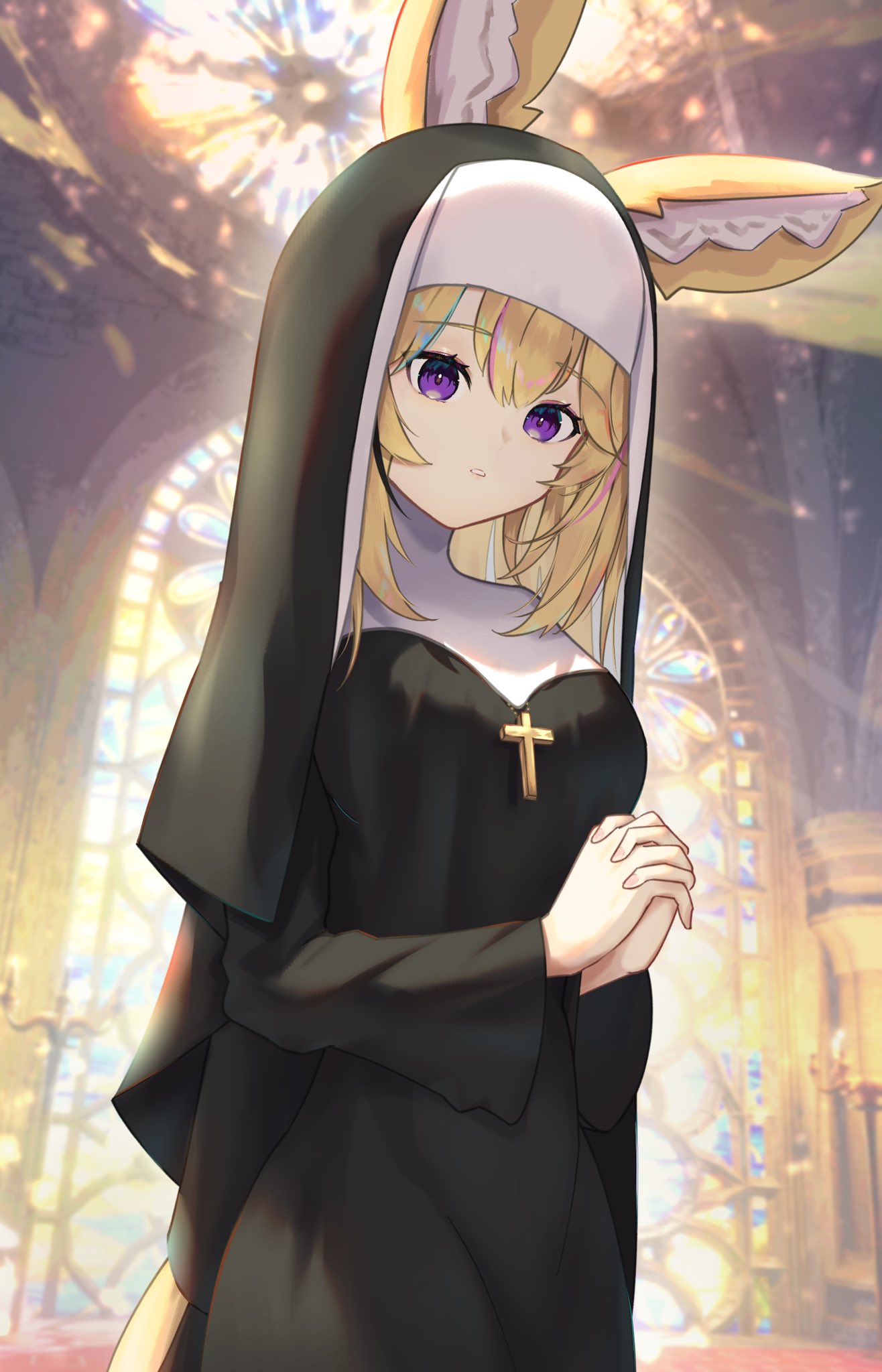 1girl, alternate_costume, animal_ears, ao_ne, bangs, black_dress, blonde_hair, blue_hair, breasts, church, cross, cross_necklace, dress, fox_ears, fox_girl, habit, highres, hololive, indoors, jewelry, long_sleeves, looking_at_viewer, medium_breasts, multicolored_hair, necklace, nun, omaru_polka, own_hands_clasped, own_hands_together, parted_lips, pink_hair, solo, stained_glass, streaked_hair, upper_body, violet_eyes, virtual_youtuber