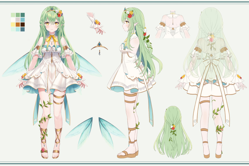 1girl, absurdres, artist_request, brown_footwear, dress, fairy_wings, flower, green_hair