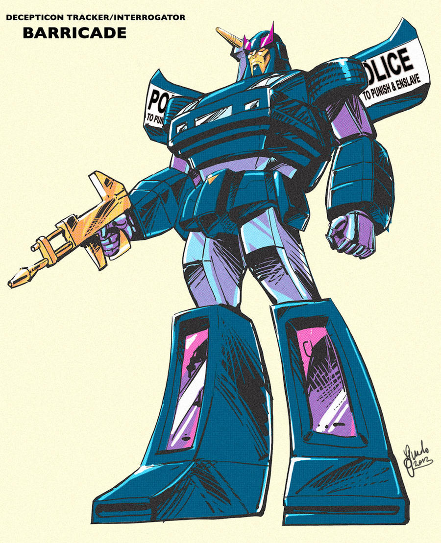 barricade_(transformers), decepticon, full_body, guido_guidi, gun, retro_artstyle, robot, simple_background