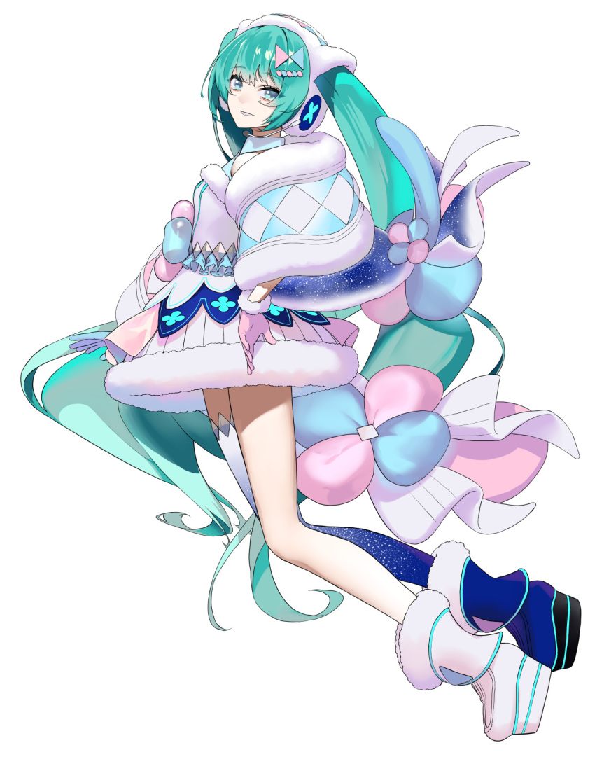 1girl, ankle_boots, aqua_eyes, aqua_hair, argyle, arms_at_sides, bangs, blue_shawl
