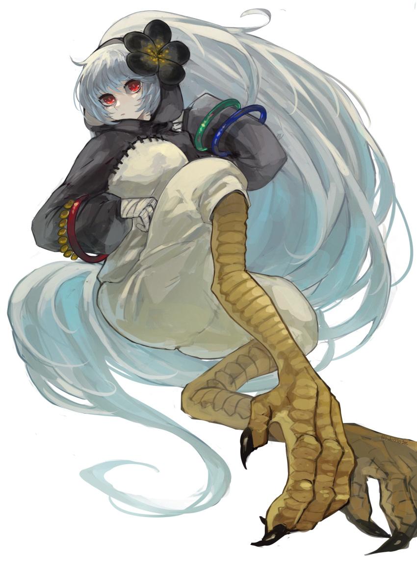 1girl, absurdly_long_hair, absurdres, animal_feet, baggy_pants, bangle, bangs, black_flower