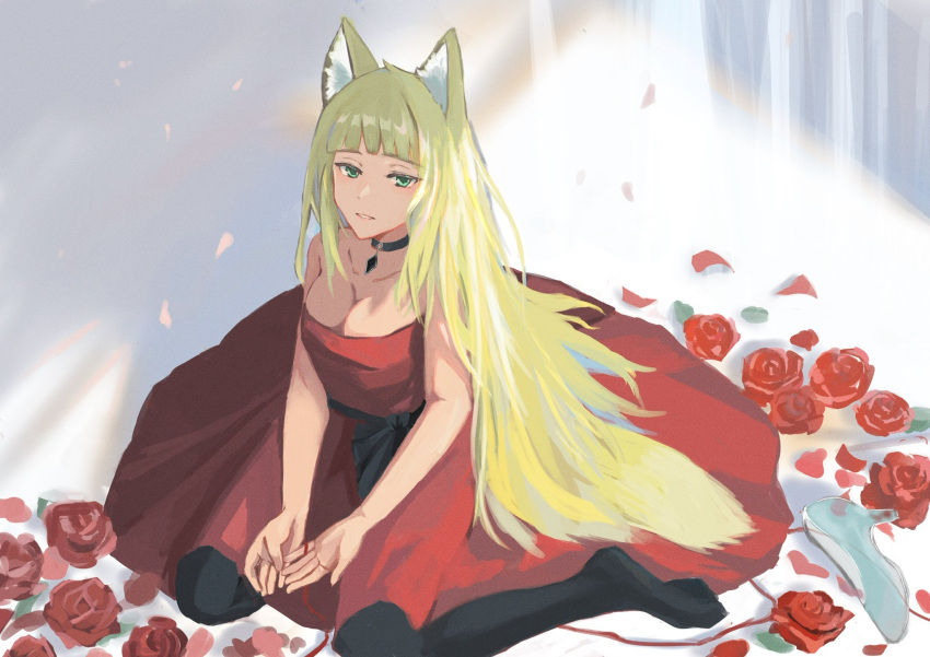 1girl, animal_ears, background, bare_arms, bare_shoulders, black_legwear, blonde_hair, breasts