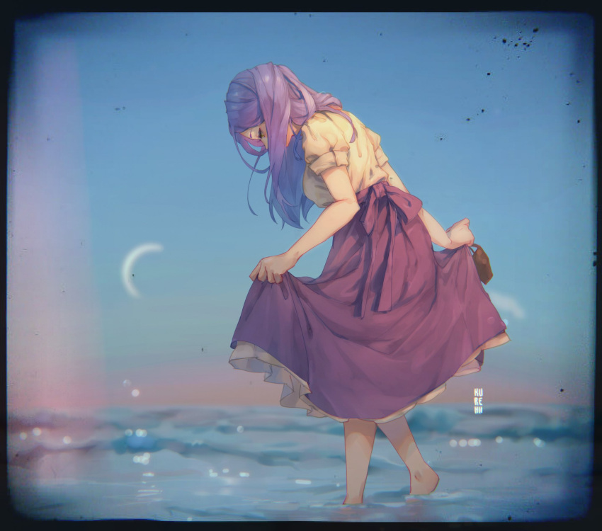 1girl, artist_name, barefoot, black_border, blurry, blurry_background, bokeh, border