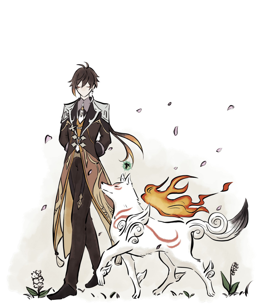 1boy, amaterasu_(ookami), animal, arms_behind_back, bangs, brown_hair, closed_eyes, coat, crossover, earrings, flower, genshin_impact, gradient_hair, highres, issun, jewelry, leaf, long_hair, long_sleeves, multicolored_hair, necktie, no_mouth, ookami_(game), orange_hair, pants, petals, ponytail, single_earring, tassel, tassel_earrings, uoo_minagiru, very_long_hair, walking, white_flower, wolf, zhongli_(genshin_impact)