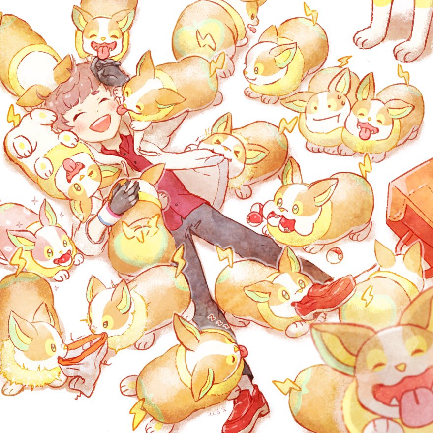 1boy, :d, bag_removed, bangs, blunt_bangs, blush, boltund, brown_hair