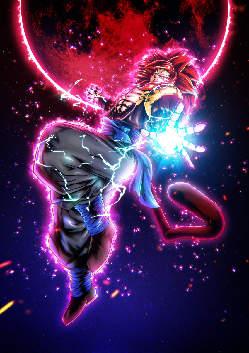 absurdres, aura, body_fur, dragon_ball, dragon_ball_heroes, ego_vegeta, gogeta, gogeta_(xeno), highres, incoming_attack, metamoran_vest, monkey_boy, monkey_tail, muscular, muscular_male, pink_fur, red_fur, redhead, spiky_hair, super_full_power_saiyan_4_limit_breaker, super_saiyan, super_saiyan_4, tail