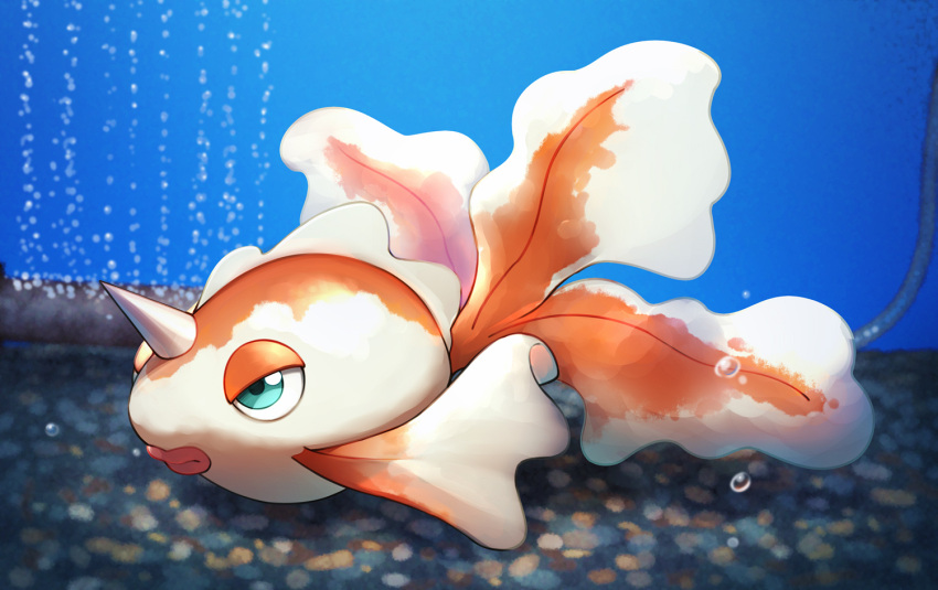 air_bubble, animal_focus, bubble, closed_mouth, commentary_request, fish, from_side, goldeen