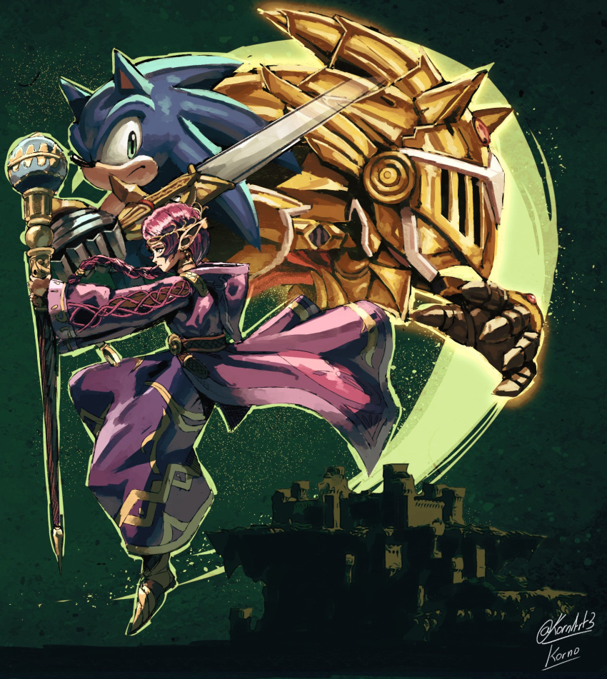1boy, 1girl, armor, braid, braided_ponytail, caliburn_(sonic), castle, closed_mouth