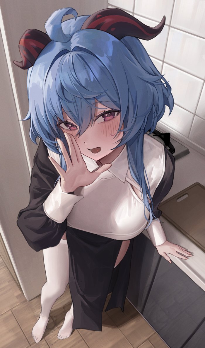 1girl, ahoge, alternate_costume, bangs, banned_artist, blue_hair, blush, breasts