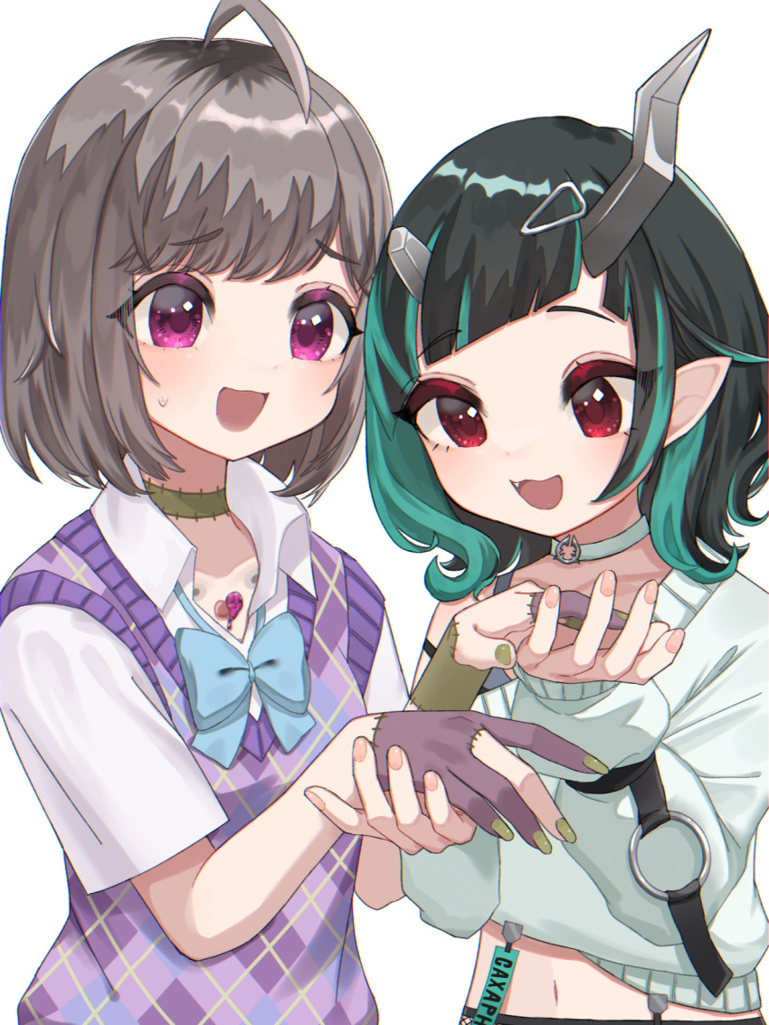 2girls, ahoge, bangs, black_hair, black_tank_top, blue_bow, blue_bowtie, blue_hair, blush, bow, bowtie, breasts, brown_hair, cardigan, collared_shirt, commentary_request, cowboy_shot, demon_girl, demon_horns, fang, flat_chest, green_nails, grey_choker, grey_sweater, hair_ornament, hairclip, highres, holding_hands, horns, huma_wat, long_hair, long_sleeves, medium_hair, midriff, multicolored_hair, multiple_girls, navel, official_alternate_costume, open_mouth, patchwork_skin, pink_eyes, pink_nails, plaid_cardigan, pointy_ears, purple_cardigan, red_eyes, shirt, shishio_chris, simple_background, single_bare_shoulder, small_breasts, smile, strap_slip, sugar_lyric, sweater, tamotsu_(mary), tank_top, two-tone_hair, v_ap_art, virtual_youtuber, white_background, white_shirt