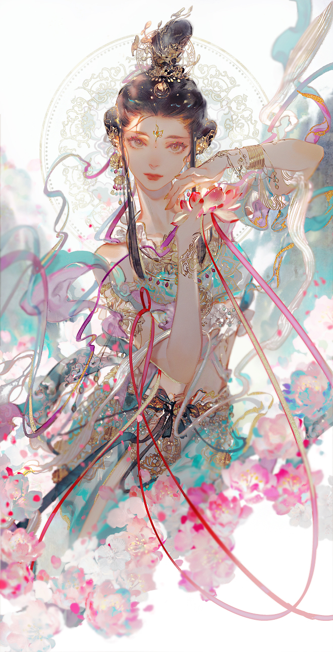 1girl, bare_shoulders, black_hair, bracelet, dunhuang_dance, earrings, facial_mark, flower, forehead_mark, hagoromo, hair_ornament, highres, jewelry, looking_at_viewer, lotus, mian_lang, off-shoulder_shirt, off_shoulder, pink_flower, shawl, shirt, solo, string, string_of_fate