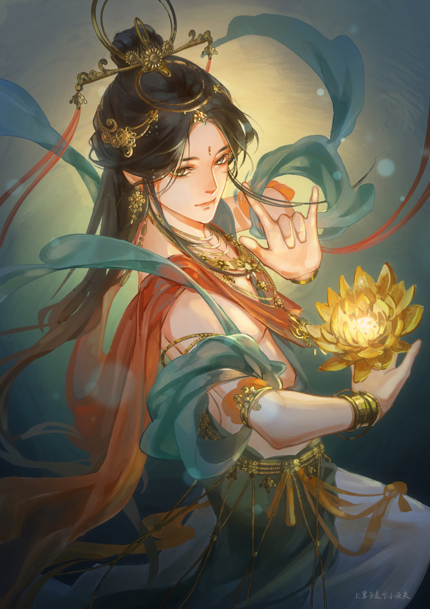 1boy, absurdres, armlet, bangs, bishounen, black_hair, dunhuang_dance, facial_mark