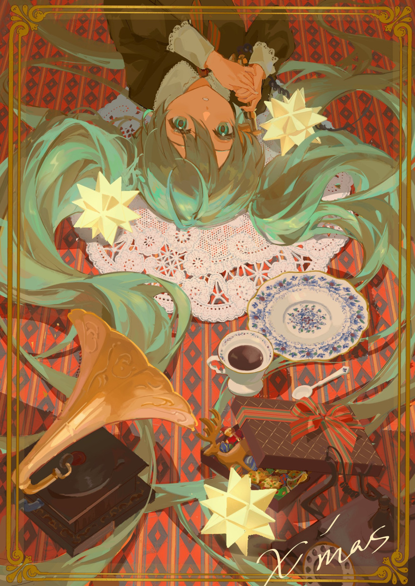 1girl, absurdres, black_shirt, box, christmas, collared_shirt, cookie, cup, darkness, dot_nose, drink, eyelashes, food, framed, gift, gift_box, gingerbread_man, green_eyes, green_hair, hair_between_eyes, hatsune_miku, highres, hlymoriia, holding, holding_phone, lace, lace-trimmed_collar, lace-trimmed_sleeves, lace_trim, long_hair, long_sleeves, looking_at_viewer, messy_hair, neck_ribbon, parted_lips, phone, phonograph, plate, red_ribbon, ribbon, rotary_phone, saucer, shadow, shiny, shiny_hair, shirt, solo, spoon, stellated_octahedron, striped, striped_ribbon, tablecloth, tareme, tea, teacup, twintails, upside-down, vertical_stripes, very_long_hair, vocaloid, wide-eyed