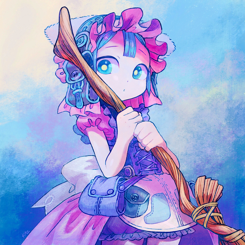 1boy, apron, back_bow, bloomers, blue_background, blue_eyes, blue_hair, bonnet, bow, bright_pupils, broom, commentary_request, corset, cowboy_shot, dress, frills, hands_up, highres, holding, holding_broom, kazkazart, looking_at_viewer, made_in_abyss, male_focus, maruruk, otoko_no_ko, parted_lips, pink_dress, pouch, puffy_short_sleeves, puffy_sleeves, purple_bloomers, purple_corset, short_hair, short_sleeves, signature, solo, traditional_media, underwear, waist_apron, yellow_pupils
