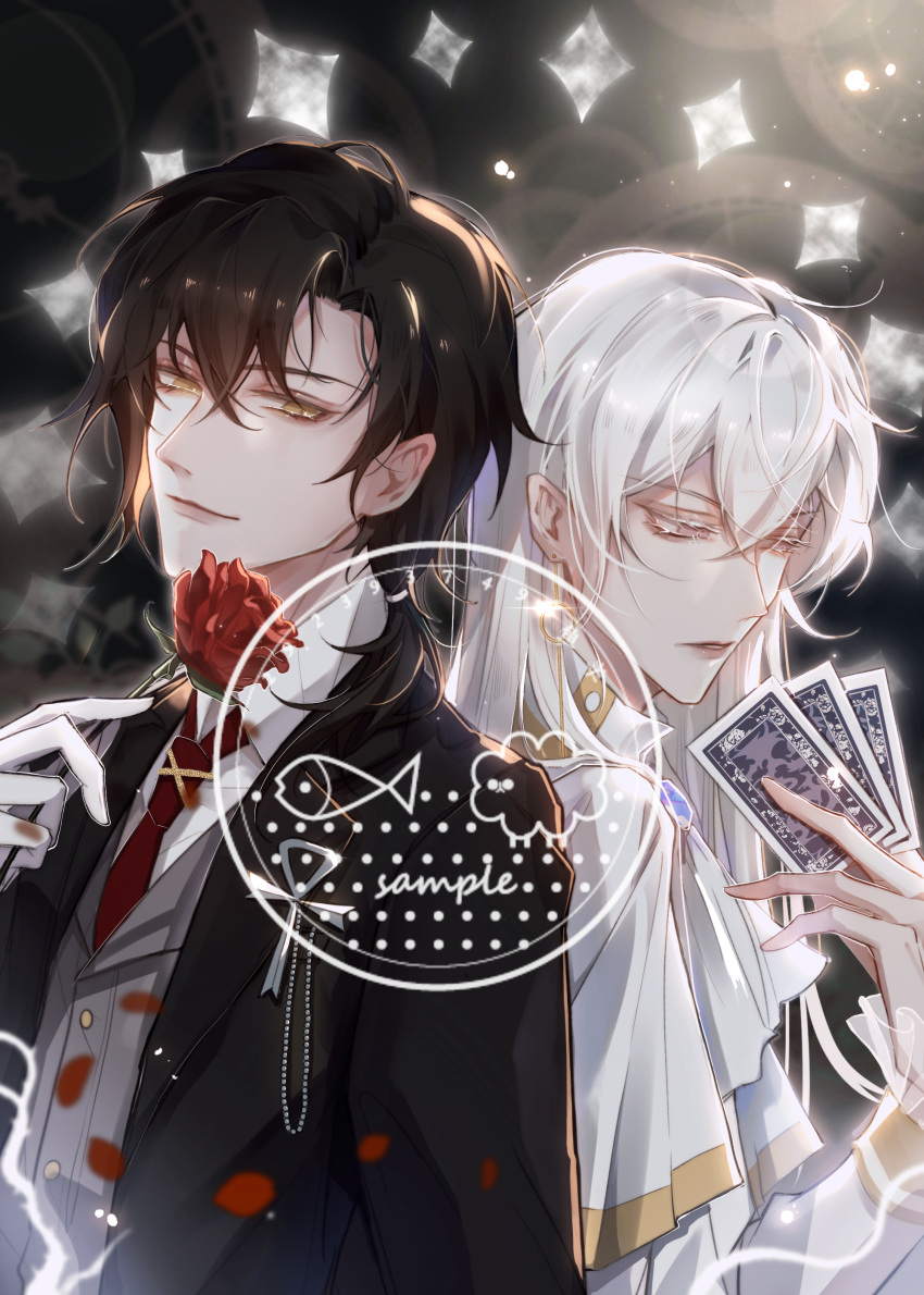 2boys, absurdres, arashiniki, black_hair, flower, highres, holding, holding_flower