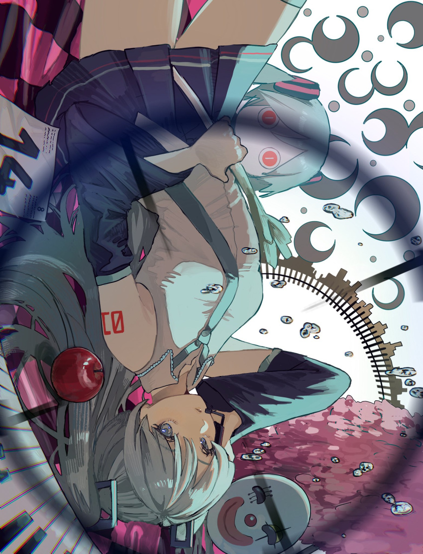 1925_(vocaloid), 1girl, aimaina, air_bubble, apple, aqua_eyes, aqua_hair, aqua_necktie