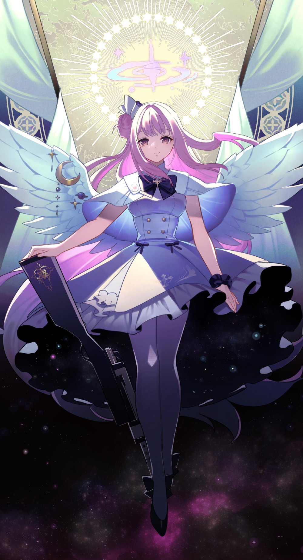1girl, angel_wings, blue_archive, capelet, dress, etomai, galaxy, gun, hair_bun, hair_ornament, hair_scrunchie, halo, highres, lanchester_smg, long_hair, looking_at_viewer, low_wings, mika_(blue_archive), pantyhose, pink_hair, scrunchie, single_hair_bun, smile, solo, submachine_gun, weapon, white_capelet, white_dress, white_pantyhose, white_wings, wings, wrist_scrunchie