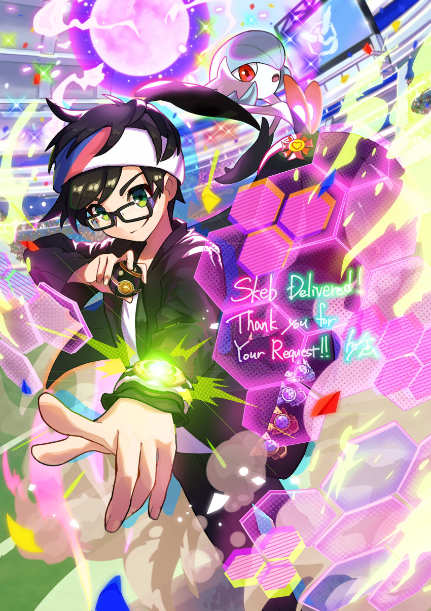 1boy, 1girl, alternate_color, arm_up, arms_up, bangs, bare_shoulders, black-framed_eyewear