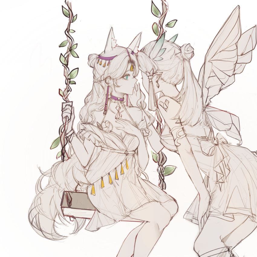 2girls, chihe874, facial_mark, green_eyes, hair_bun, hair_ornament, half_updo, high_ponytail