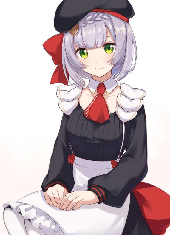 1girl, alternate_costume, apron, bangs, black_dress, black_headwear, bow, braid