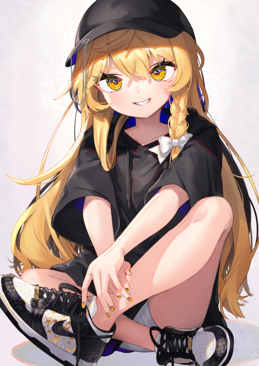 1girl, bangs, baseball_cap, black_footwear, black_headwear, black_hoodie, blonde_hair, blush