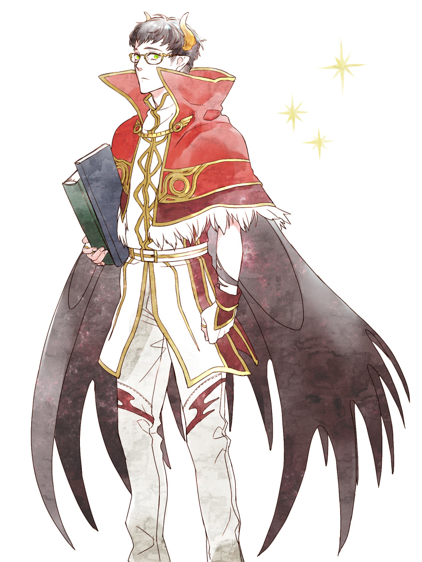 1boy, bangs, black_hair, black_wings, book, capelet, closed_mouth, commentary_request