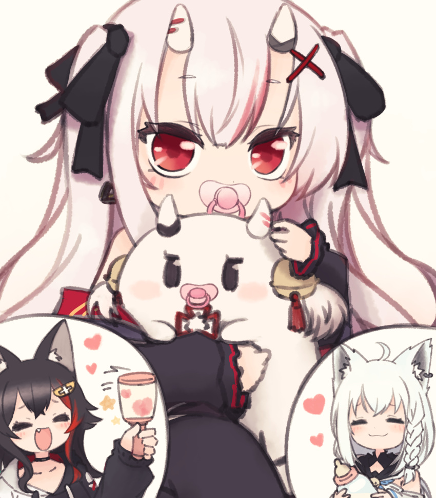 3girls, aged_down, baby, blush, hair_ornament, hairclip, highres, hololive, horns, multiple_girls, nakiri_ayame, oni, oni_horns, ookami_mio, pacifier, poyoyo_(nakiri_ayame), red_eyes, shirakami_fubuki, solo_focus, tonton_(tonz159), virtual_youtuber, x_hair_ornament