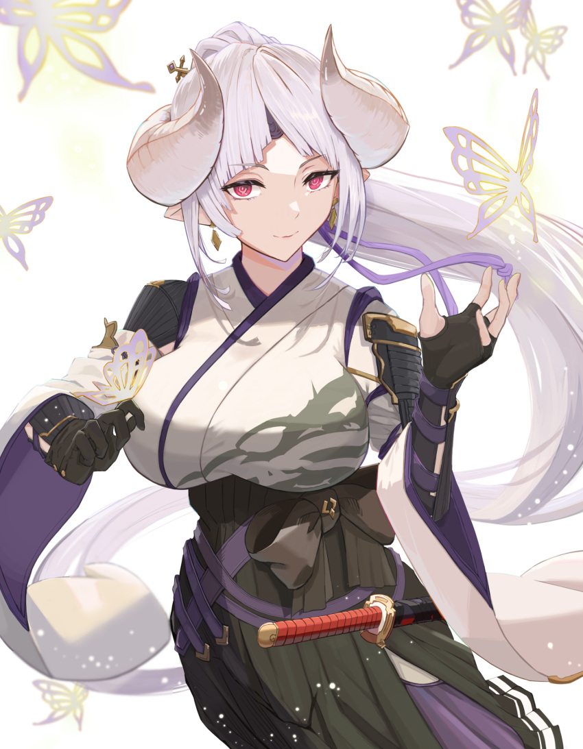 1girl, azusa_(granblue_fantasy), black_gloves, bow, breasts, bug, butterfly, draph, earrings, fingerless_gloves, gloves, granblue_fantasy, hakama, hakama_skirt, highres, horns, japanese_clothes, jewelry, katana, large_breasts, long_hair, madori_(madori151), pointy_ears, ponytail, red_eyes, single_fingerless_glove, skirt, smile, sword, weapon, white_hair, wide_sleeves