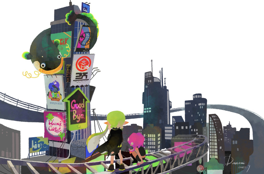 2girls, ad, agent_3_(splatoon), agent_8_(splatoon), bridge, building, cape, city, daami_(daami2000), dated, highres, inkling, multiple_girls, octoling, pointy_ears, road_sign, sign, signature, splatoon_(series), splatoon_2, tentacle_hair, white_background, zapfish