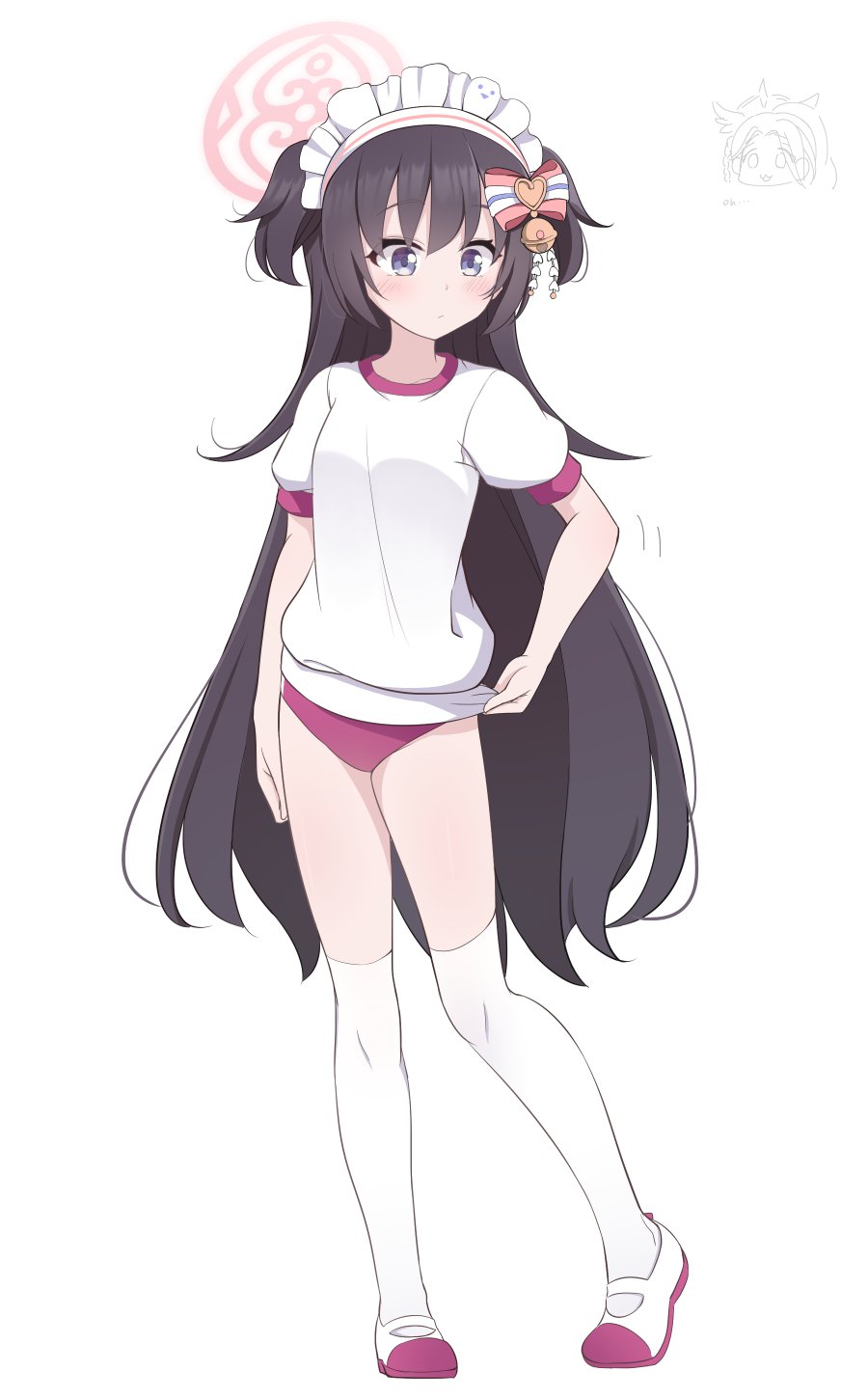 1girl, alternate_costume, black_hair, blue_archive, blush, breasts, buruma, commentary_request, full_body, hair_ornament, highres, hoshino_ouka, long_hair, maid_headdress, shizuko_(blue_archive), simple_background, small_breasts, solo, standing, thigh-highs, twintails, two_side_up, violet_eyes, white_background