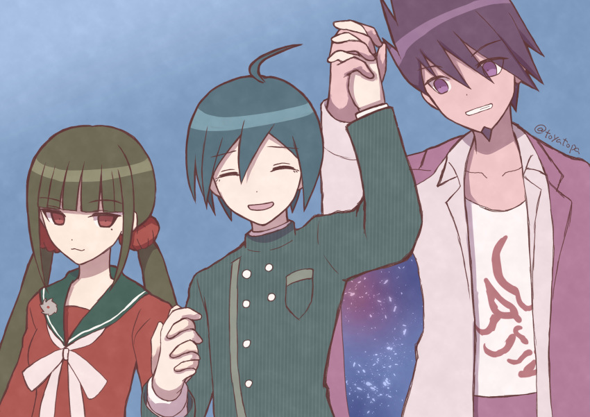 1girl, 2boys, :3, arm_up, bangs, black_sailor_collar, blunt_bangs, bow