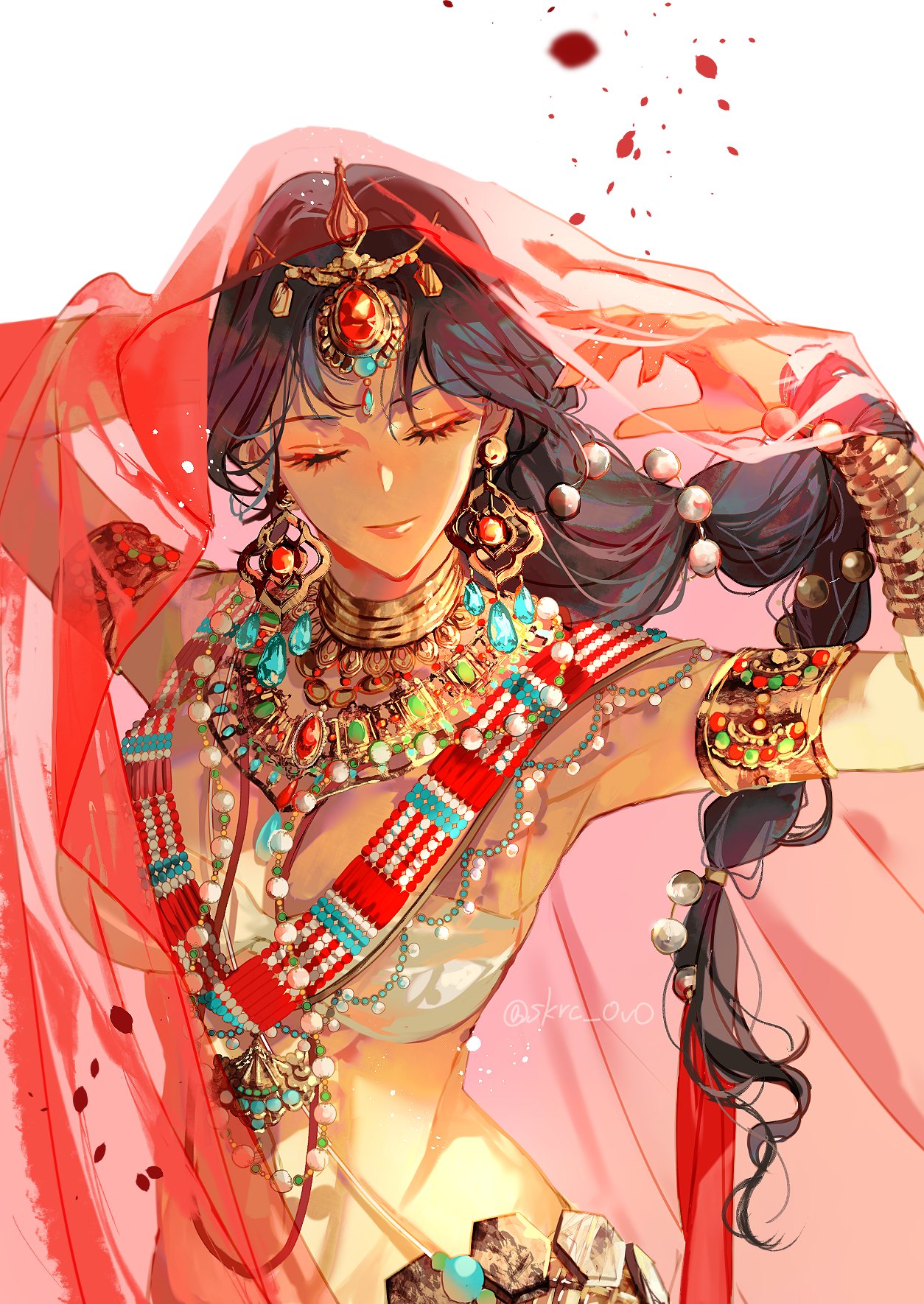 1girl, black_hair, bracelet, braid, breasts, closed_eyes, dark_skin, earrings, gem, highres, indian_clothes, jewelry, large_breasts, long_hair, necklace, original, sakuramochi1003, sari, semi-transparent, single_braid, solo, veil, veil_lift
