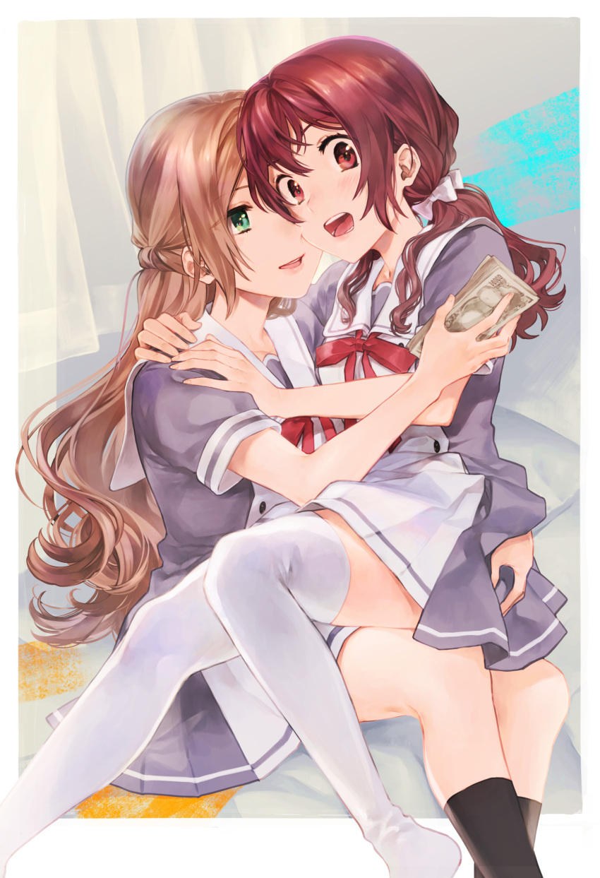 2girls, absurdres, bangs, black_thighhighs, braid, bribery, buttons, commentary_request